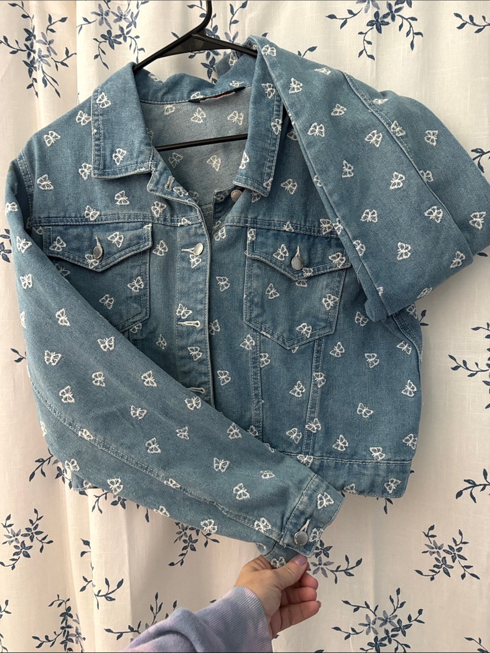 Light Blue Denim Jacket with White Butterfly Embroidery - Women